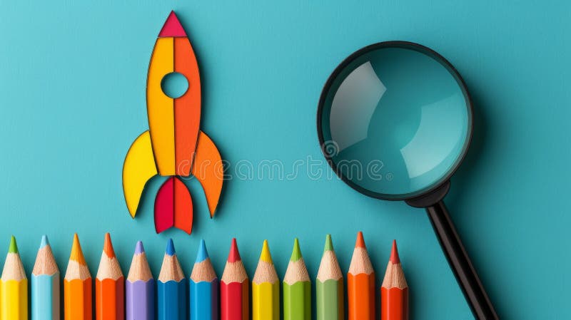Une fusée dynamique faite de crayons et de marqueurs met en valeur l'esprit du retour à l'école et de la journée des astronautes image libre de droits