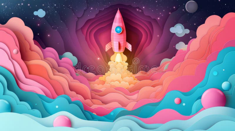 Une fusée dynamique faite de crayons et de marqueurs s'envole dans l'espace pour les festivités de la journée des astronautes photo stock