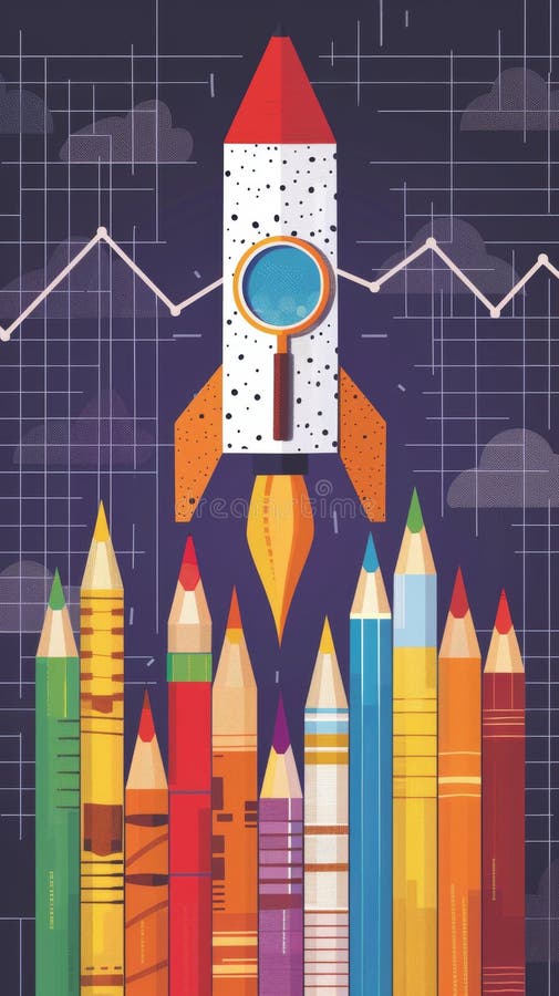 Une fusée dynamique faite de crayons et de marqueurs symbolise un retour excitant à l'école pour les élèves photographie stock libre de droits