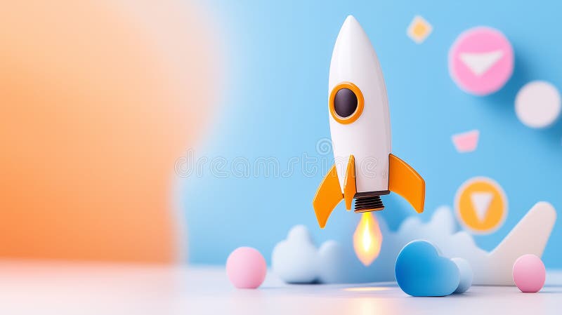 Une fusée dynamique propulse vers le haut symbolisant la croissance d'entreprise innovante au milieu de formes et de couleurs ludi images stock