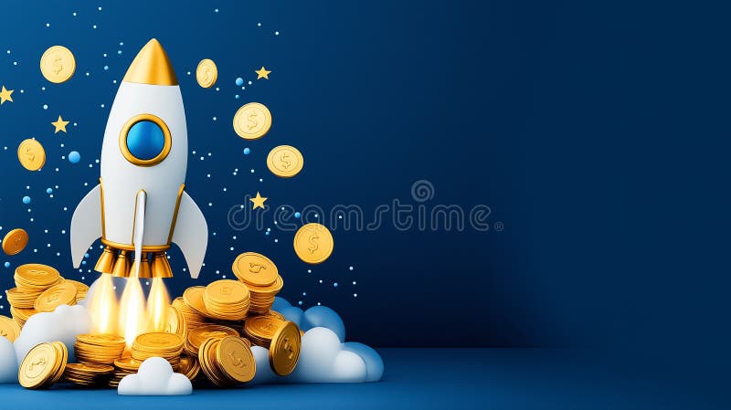 Une fusée dynamique s'envole à travers les nuages et les pièces d'or symbolisant une croissance et des opportunités d'affaires pas photos stock