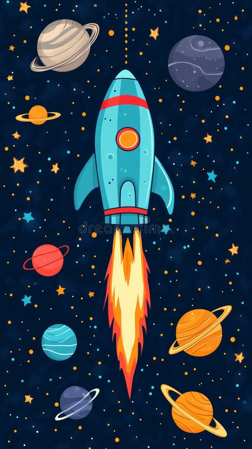 Une fusée dynamique se lance à travers un espace étoilé entouré de diverses planètes et corps célestes représentant photographie stock libre de droits