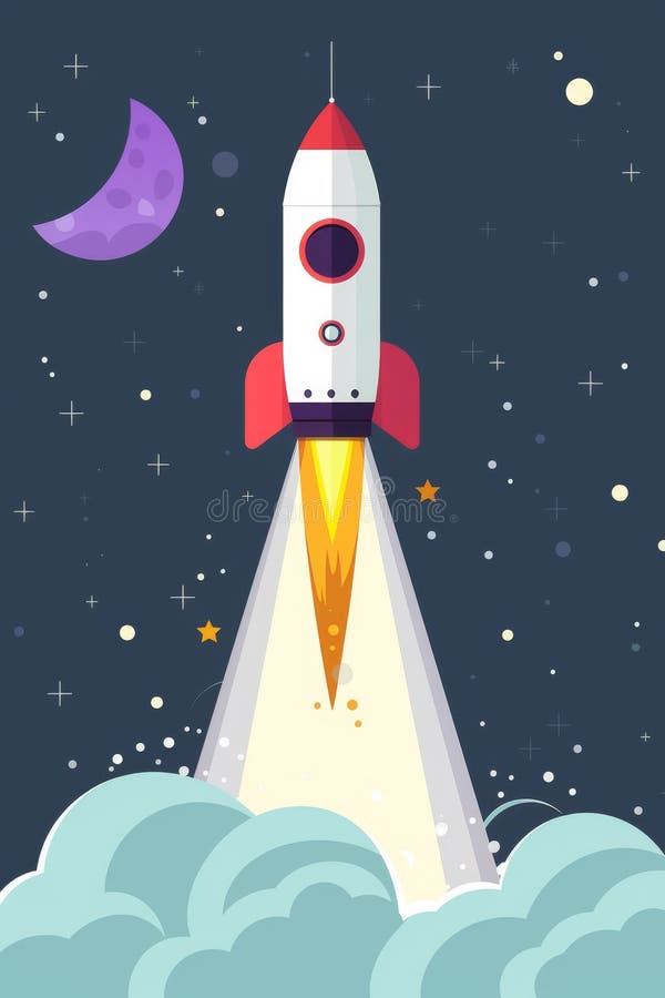 Une fusée vibrante décolle dans l'espace pour signaler l'excitation pour la journée des astronautes et une nouvelle année scolaire photographie stock