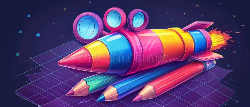 Une fusée vibrante fabriquée à partir de crayons et de marqueurs montre la créativité pour la journée des astronautes et le retour photographie stock libre de droits