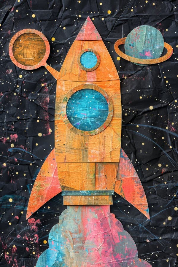 Une fusée vibrante fabriquée à partir de crayons et de marqueurs s'envole dans un décor cosmique pour la journée des astronautes images stock