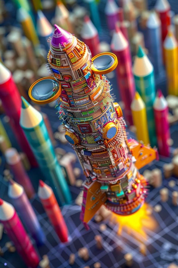 Une fusée vibrante, fabriquée à partir de crayons, lance un tir inspirant de la créativité pour retourner à l'école astronaut day images libres de droits