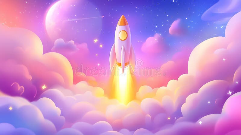 Une fusée vibrante lance à partir de nuages moelleux symbolisant le voyage passionnant de la croissance et de la créativité des en photo stock