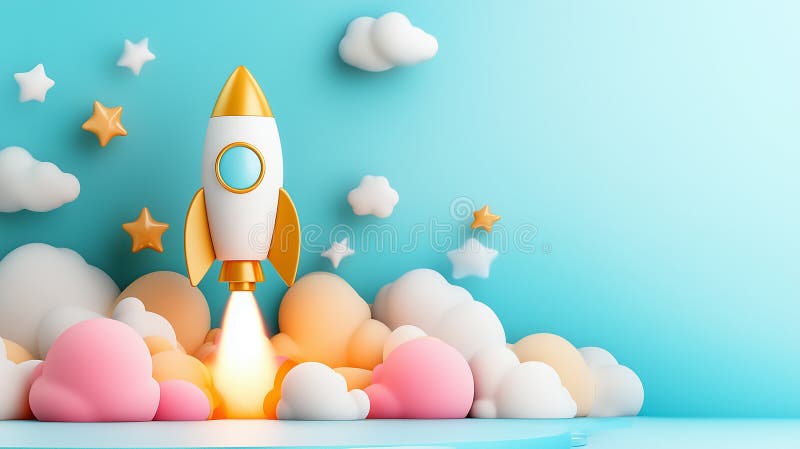 Une fusée vibrante monte au milieu de nuages et d'étoiles moelleux symbolisant la croissance et le succès dynamiques des entrepris photographie stock libre de droits