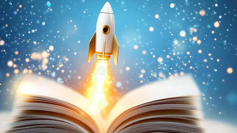Une fusée vibrante s'envole d'une page de livres jetant des étincelles d'inspiration dans l'air avec sa poussée images stock