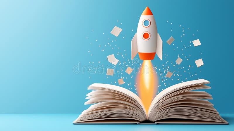 Une fusée vibrante s'envole d'un livre ouvert symbolisant l'imagination et le savoir photos stock