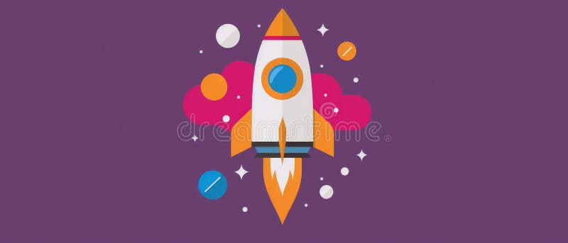 Une fusée vibrante s'envole à travers une toile violette marquant la journée des astronautes avec joie images libres de droits