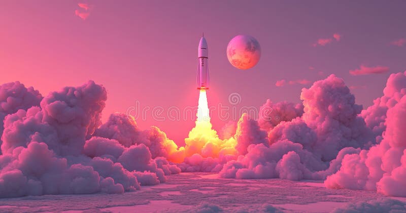 Une fusée vibrante se lève pour traquer une traînée de fumée à travers un ciel rose tandis que le soleil se lève incarnant l'innov. Une roquette vibrante se lève pour traquer une traînée de fumée à travers un ciel rose tandis que le soleil se lève incarnant l'innovation et l'exploration. IA générée