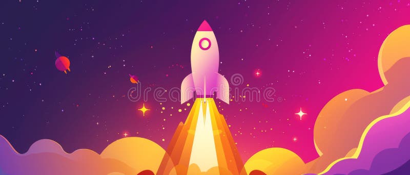 Une fusée vibrante vole à travers un ciel violet et rose symbolisant l'exploration et de nouveaux débuts image stock