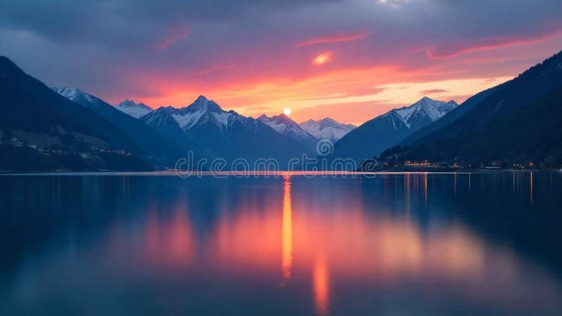 Une grande lune au-dessus d'une chaîne de montagnes majestueuse illustration stock