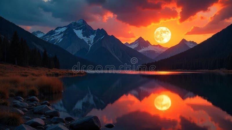 Une grande lune au-dessus d'une chaîne de montagnes majestueuse illustration de vecteur