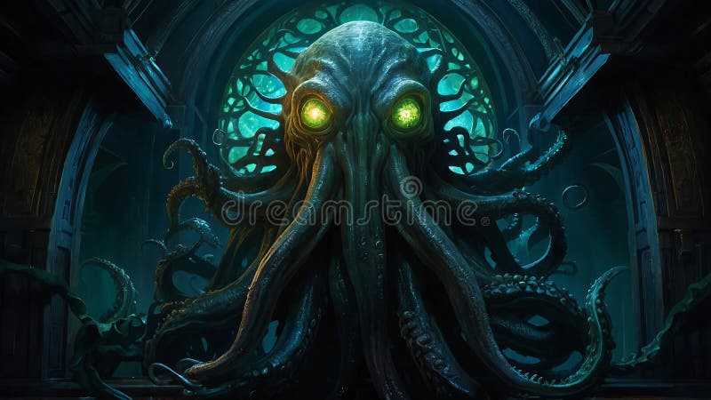 A large, green octopus with glowing eyes is the main focus of the image. The octopus is surrounded by a dark, mysterious atmosphere, with a sense of foreboding and unease. A large, green octopus with glowing eyes is the main focus of the image. The octopus is surrounded by a dark, mysterious atmosphere, with a sense of foreboding and unease