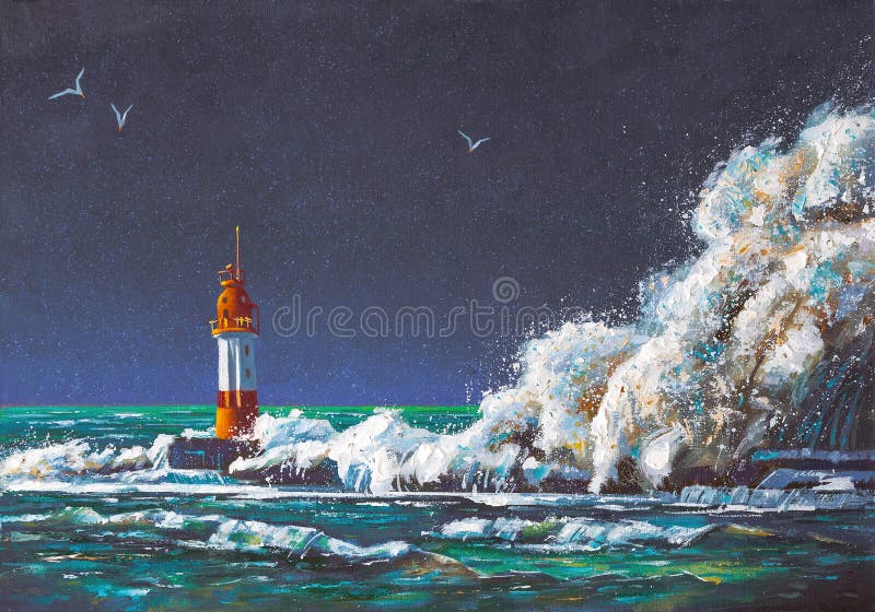 Tableaux sur toile Peinture à l'huile acrylique d'un phare et de vagues, ai  génératif