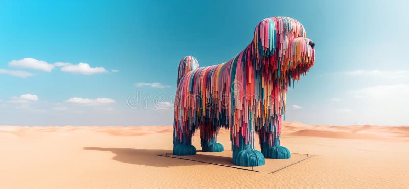 Une grande sculpture colorée d'un chien situé dans un paysage désertique. la sculpture est ornée de nombreux objets multicolores. la sculpture est ornée de nombreuses bandes multicolores qui s'accrochent créant une texture fringée sur toute la forme de chien ai générée.