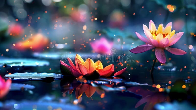 Une harmonie de couleur avec l'éclat des fleurs lumineuses de l'étang tranquille du lotus dans un étonnant spectacle illustration de vecteur