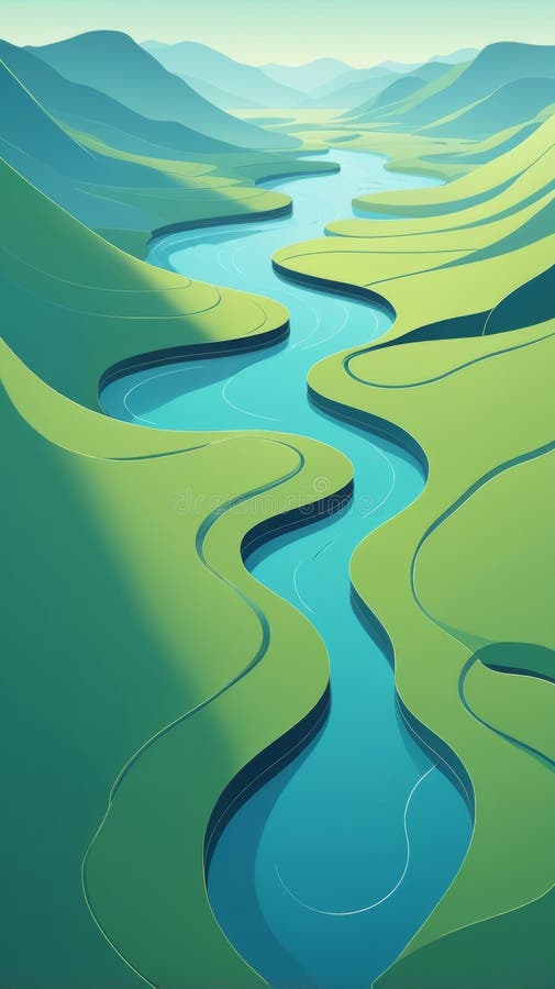 Une illustration représentant une vue aérienne d'une rivière sinueuse traversant une vallée verdoyante illustration libre de droits