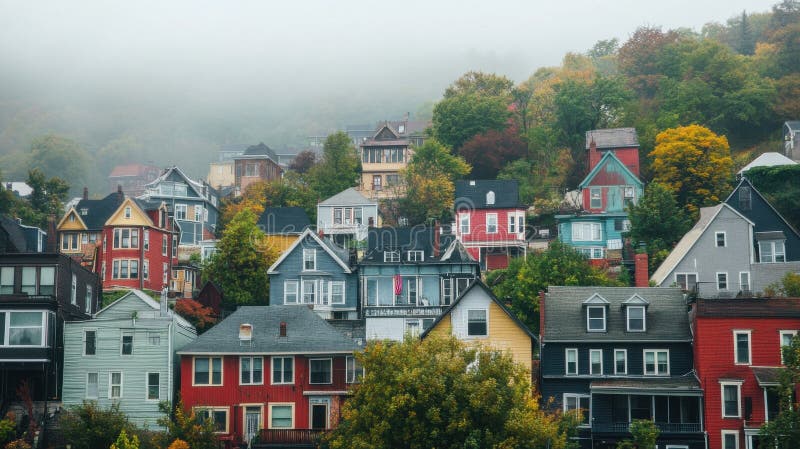 Une image époustouflante de Overcast Day View de Maisons Historiques Densément Clusteres sur Hillside. photographie stock