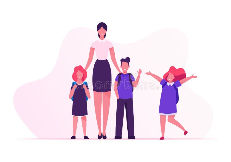 Une jeune enseignante souriante et un groupe d'enfants se tiennent debout dans la salle de classe Classes de l'école primaire, en illustration de vecteur Une jeune enseignante souriante et un groupe d'enfants se tiennent debout dans la salle de classe Classes de l'école primaire, en illustration de vecteur