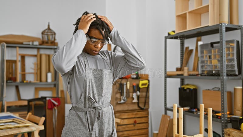 Une jeune femme afro-américaine avec dreadlocks apparaît stressée dans un atelier de menuiserie photos stock