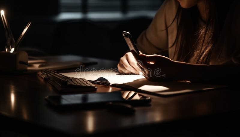 One young woman sitting at desk, using computer for work generated by artificial intelligence. One young woman sitting at desk, using computer for work generated by artificial intelligence