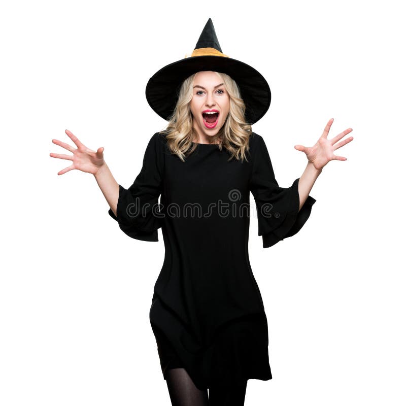 Une jeune femme attirante habillée d'un costume de sorcière halloween isolé sur fond blanc Portrait de Sensual Halloween Witch St image stock Une jeune femme attirante habillée d'un costume de sorcière halloween isolé sur fond blanc Portrait de Sensual Halloween Witch St image stock