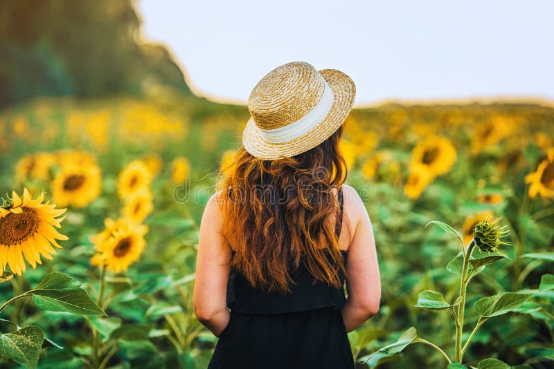 Une jeune femme charmante en robe dans un champ de tournesols. un beau concept de vacances d'été images stock
