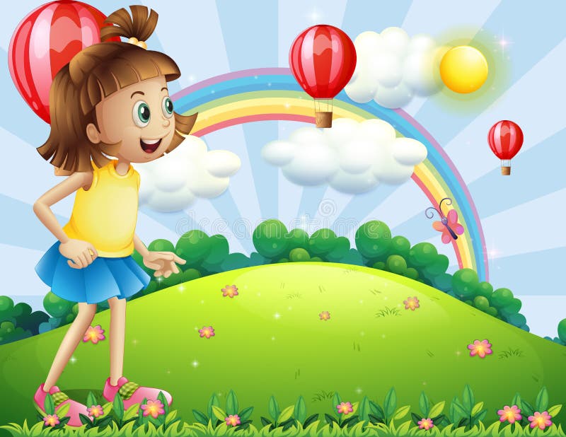 Une jeune fille au sommet observant le flottement monte en ballon illustration libre de droits Une jeune fille au sommet observant le flottement monte en ballon illustration libre de droits