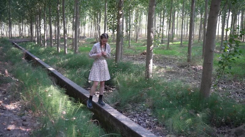 Une jeune fille marche sur un sentier tortueux dans une forêt luxuriante qui incarne l'aventure et l'innocence infantile clips vidéos