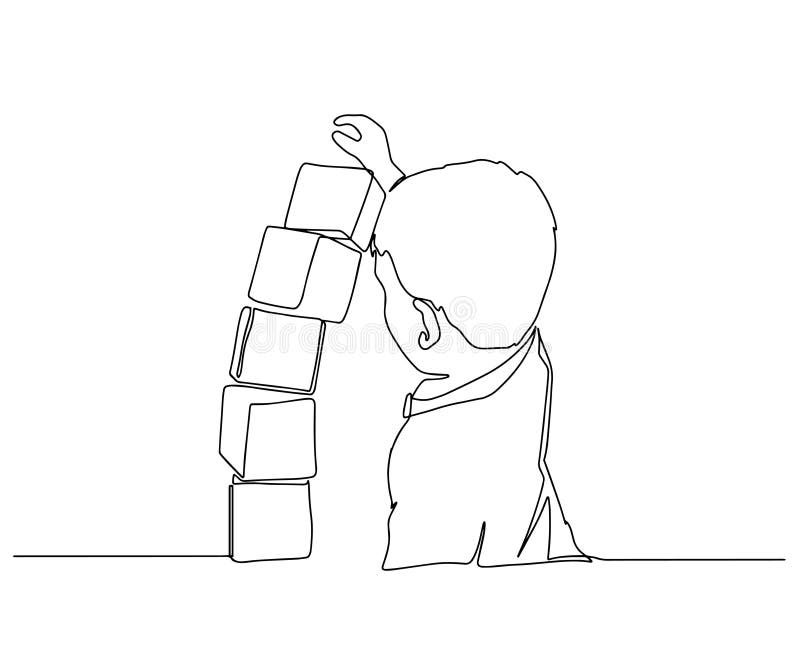 One continuous drawn line of the kid playing with toy cubes drawn from the hand a picture of the silhouette. Line art. character of the child playing with toys. One continuous drawn line of the kid playing with toy cubes drawn from the hand a picture of the silhouette. Line art. character of the child playing with toys.
