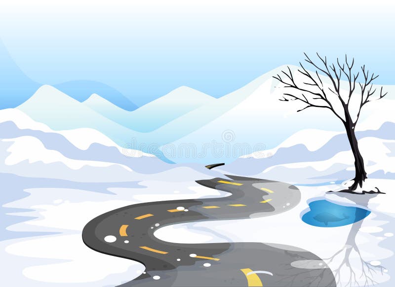 Une longue route à l'endroit neigeux allant aux montagnes illustration de vecteur Une longue route à l'endroit neigeux allant aux montagnes illustration de vecteur