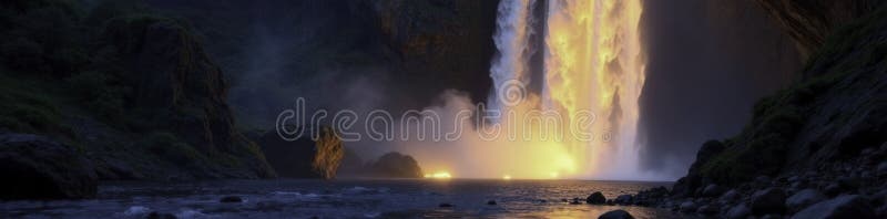 Une lumière dorée scintillante inonde une ambiance mystique autour d'une majestueuse cascade sur fond bleu nuit illustration stock