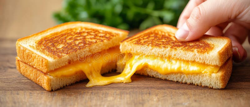 Une main démonte un sandwich au fromage grillé chaud qui révèle du fromage fondu de goey entre deux tranches de photo stock