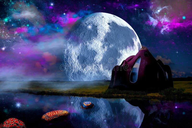Une maison d'imagination sous le ciel de l'aurore illustration stock Une maison d'imagination sous le ciel de l'aurore illustration stock