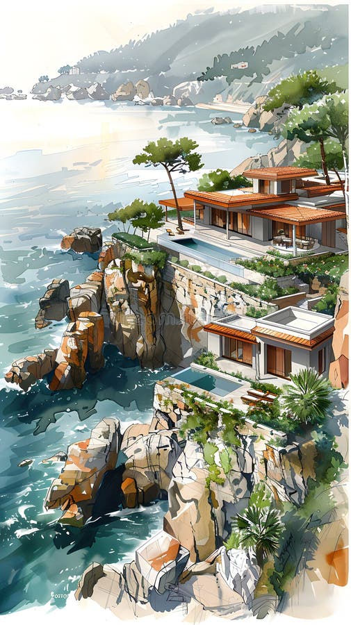 A picturesque painting of a house situated on a cliff overlooking the vast ocean. The natural landscape includes a tree and a beach, creating a serene and tranquil scene AI generated. A picturesque painting of a house situated on a cliff overlooking the vast ocean. The natural landscape includes a tree and a beach, creating a serene and tranquil scene AI generated