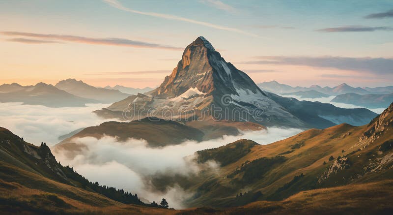 Une montagne majestueuse se dresse en hauteur, ressemblant au Cervin en Suisse illustration libre de droits