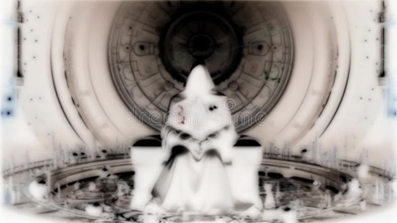 Une mystérieuse figure à capuchon est assise sur un trône futuriste dans un environnement numérique abstrait illustration de vecteur