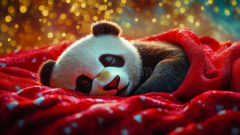 Une oeuvre d'art numérique relaxante représente un panda dormant sur fond de texture rouge image stock
