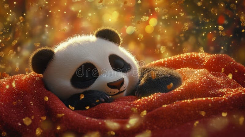 Une oeuvre numérique sereine présente un panda endormi sur un fond rouge vif image stock