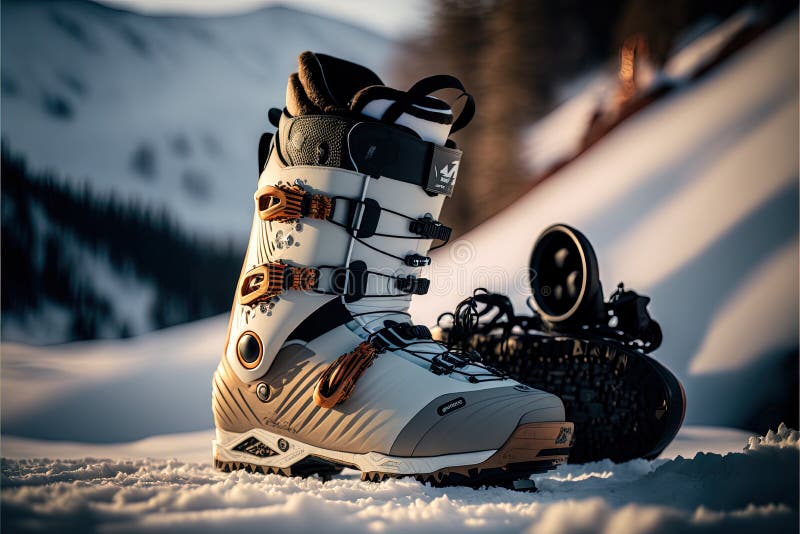 Une Paire De Chaussures De Ski Assis Dans La Neige Sur Une Pente De  Montagne Avec Un Snowboard Attaché à La Botte Et Un Snowboard Illustration  Stock - Illustration du neige, initialisations