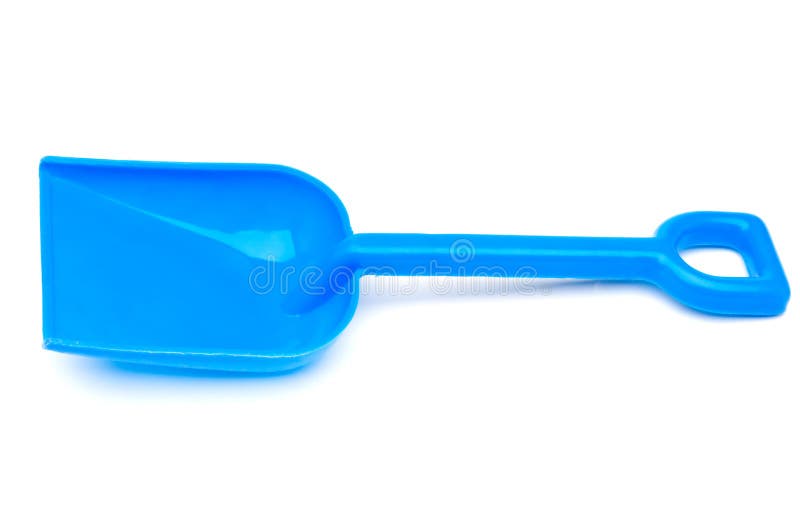 Horizontal view of a blue plastic toy beach shovel. Horizontal view of a blue plastic toy beach shovel