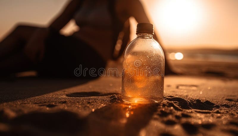 One person sitting on sand, drinking water, enjoying sunset generated by artificial intelligence. One person sitting on sand, drinking water, enjoying sunset generated by artificial intelligence