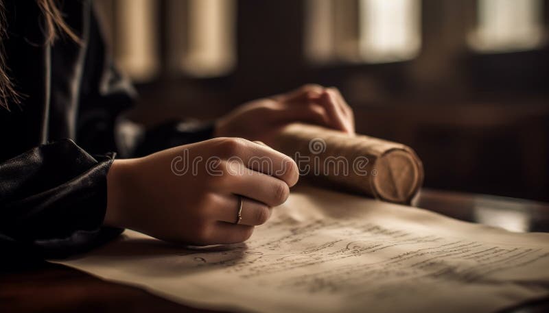 One person sitting at table reading book, focusing on learning generated by artificial intelligence. One person sitting at table reading book, focusing on learning generated by artificial intelligence