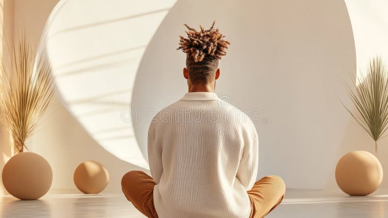 Une personne pratiquant la méditation dans un environnement minimaliste et chaleureux avec un éclairage doux et décoratif photographie stock