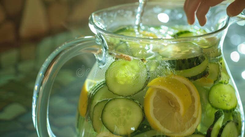 A person preparing a large pitcher of cucumber and lemon infused water a popular choice for staying hydrated and refreshed in the sauna.. AI generated. A person preparing a large pitcher of cucumber and lemon infused water a popular choice for staying hydrated and refreshed in the sauna.. AI generated