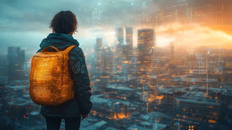 Une personne regardant un paysage urbain futuriste réfléchissant aux rêves et aux aspirations illustration de vecteur