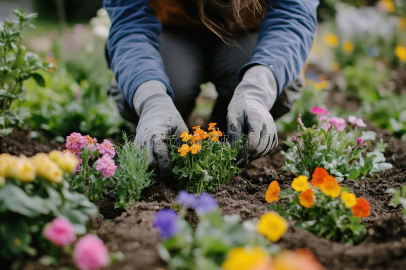 Une personne s'agenouille dans un jardin tendant vers un lit fleuri images libres de droits